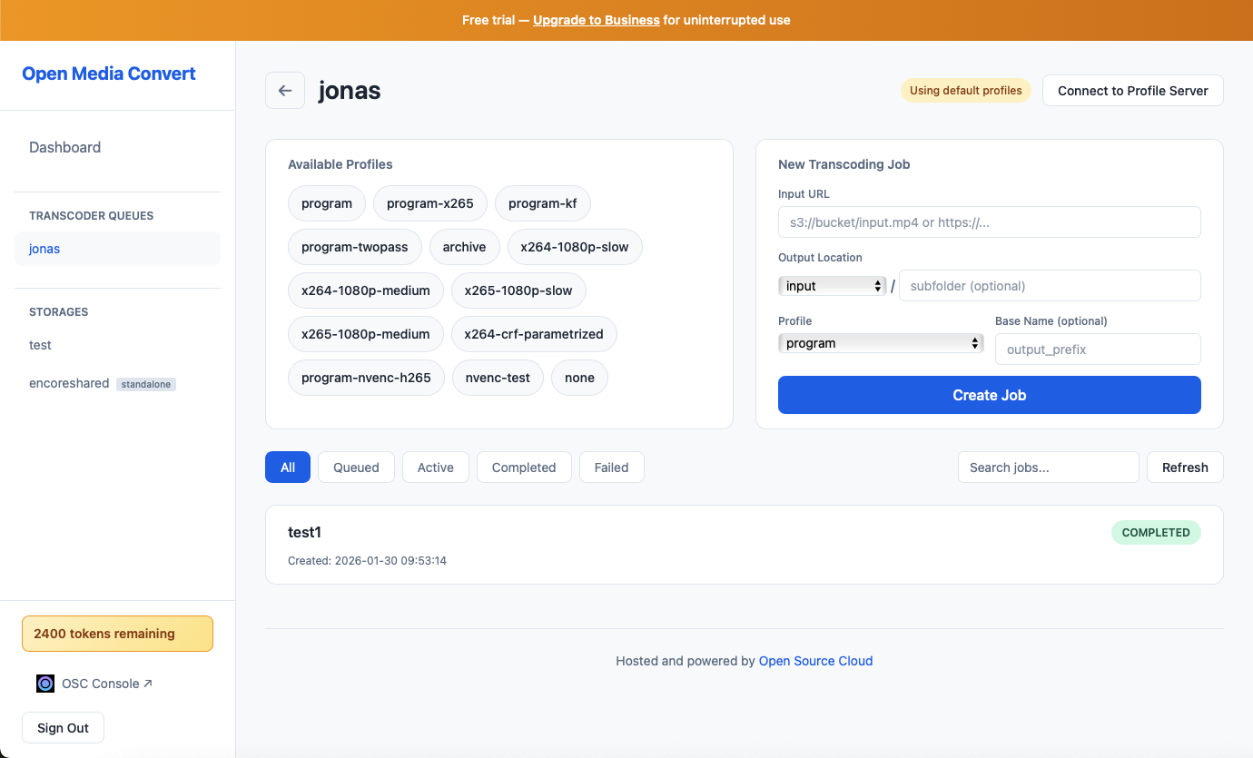 Queue view with available profiles and job creation