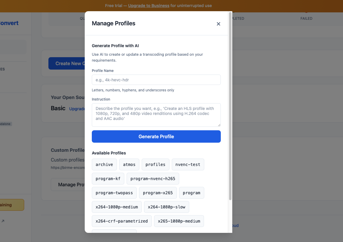 AI-powered profile generation modal